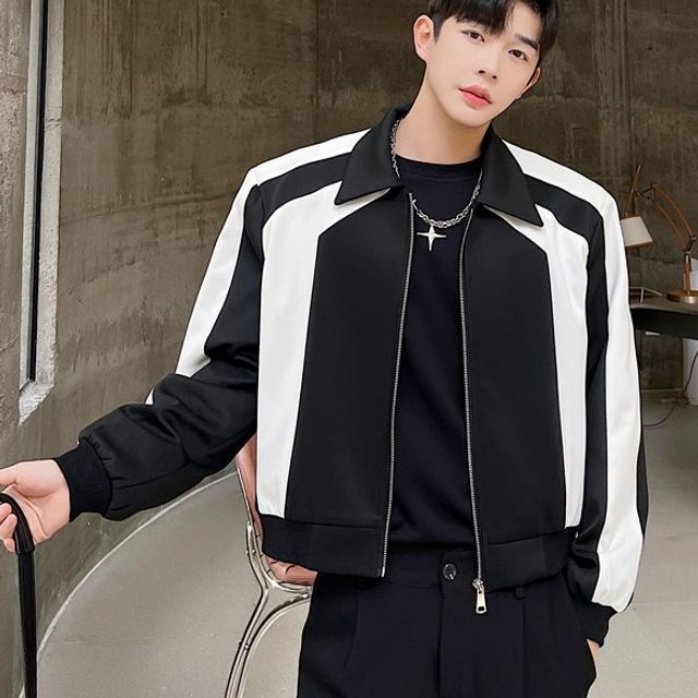 Freehop-Collar Two Tone Crop Zip Jacket