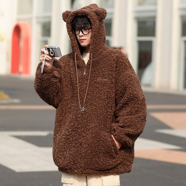 Plummie - Long-Sleeve Faux Shearling Bear Hoodie | YesStyle