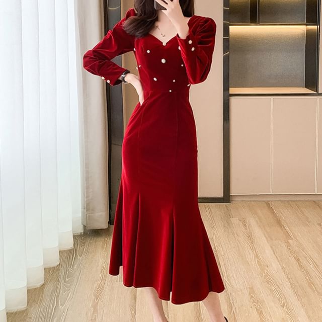 Bornite - Long-Sleeve V-Neck Plain Velvet Midi Mermaid Dress | YesStyle Bornite - Long-Sleeve V-Neck Plain Velvet Midi Mermaid Dress | YesStyle