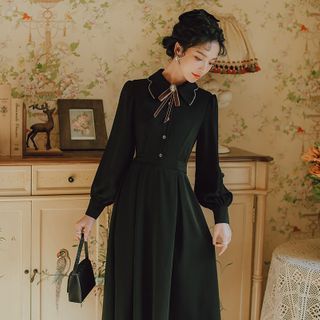 cute dresses with long sleeves Black Long Sleeve Short Dress with Petal Hem main image 1