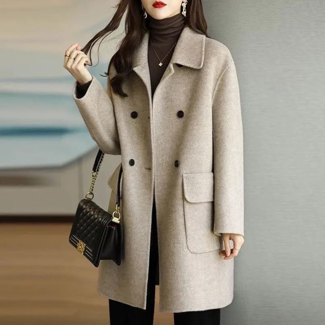 INEN-Collared Plain Double Breasted Coat