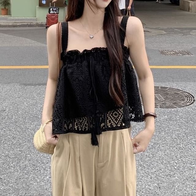 GOUB-Spaghetti Strap Square Neck Plain Lace Camisole Top