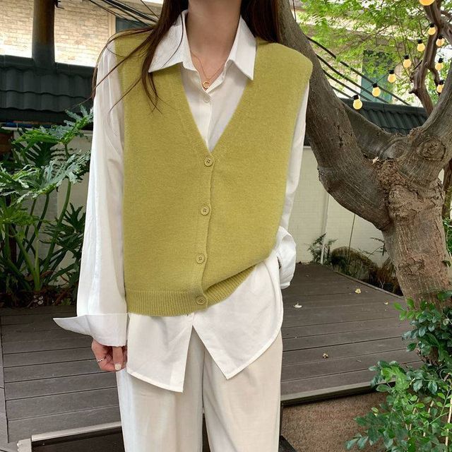 bevylle VNeck Plain ButtonUp Sweater Vest YesStyle