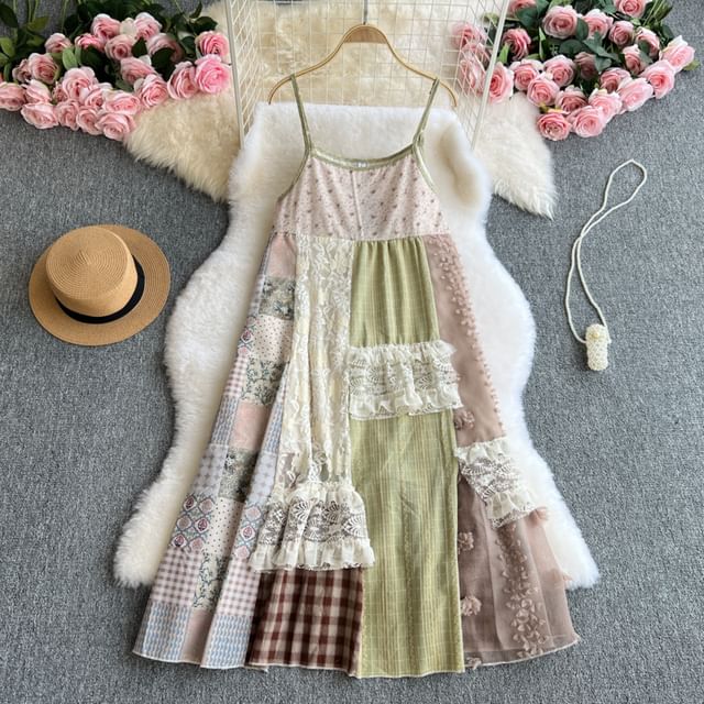 Moanum-Spaghetti Strap Patchwork Mini A-Line Dress