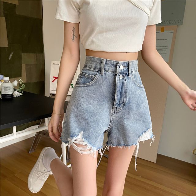 Everose-Mid Rise Distressed Denim Shorts