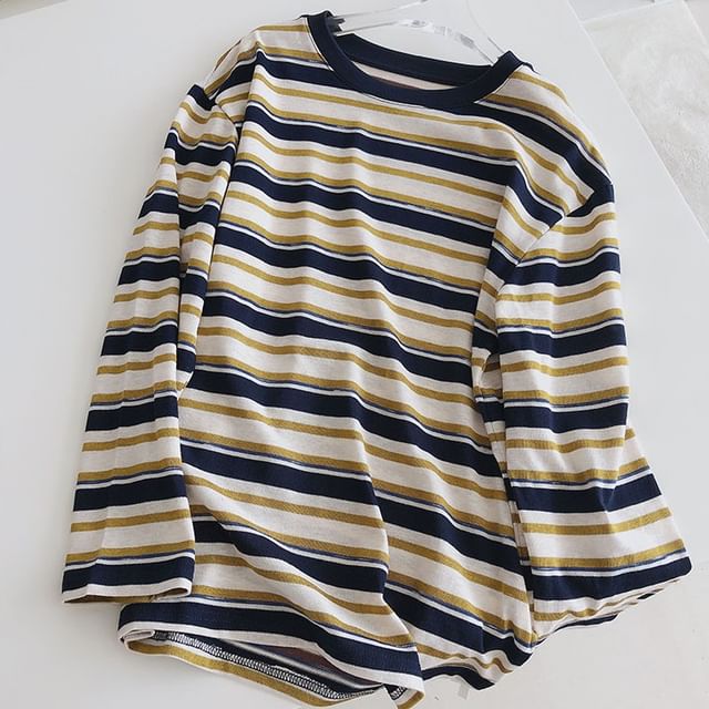 Faiar-Long-Sleeve Round Neck Striped Tee