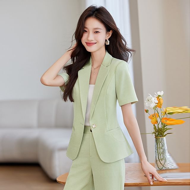 Princess Min-Short-Sleeve Lapel Collar Plain Single Button Blazer High Waist Plain Flared Dress Pants