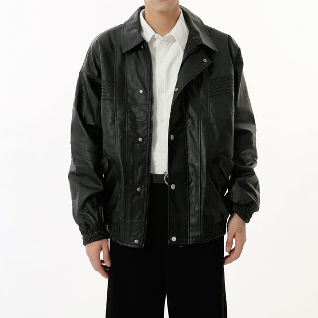 FAERIS-Collared Plain Zip-Up Faux Leather Jacket