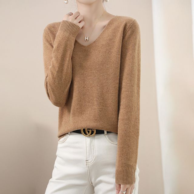 Weelop-Long-Sleeve V-Neck Plain Woolen Knit Top