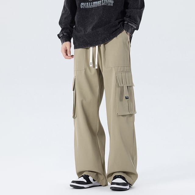Stone Leo-Drawstring Waist Wide Leg Cargo Pants