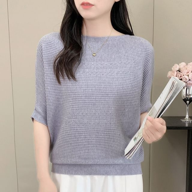 Beaustreet-Short Sleeve Crew Neck Plain Ribbed Knit Sweater