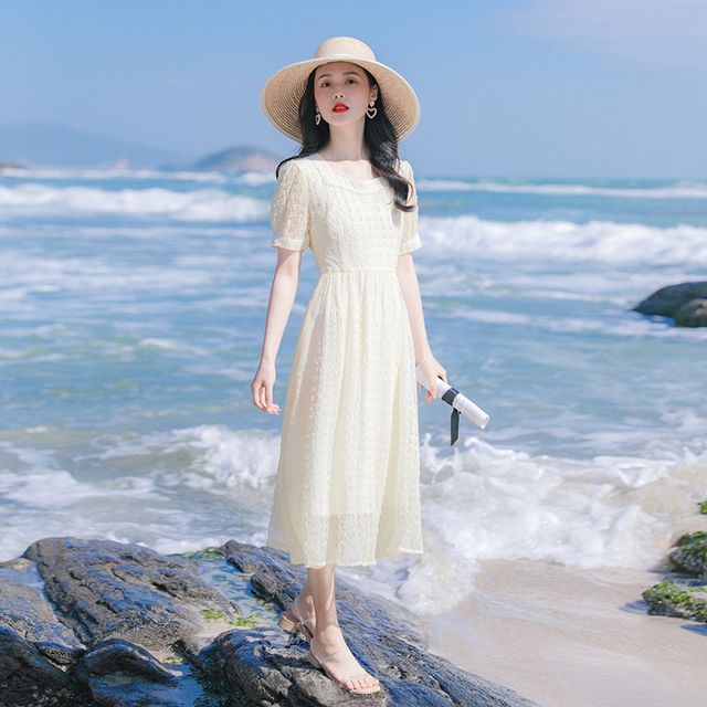 chinese dress ladies A-Line Short Sleeve Midi Shirt Dress White M