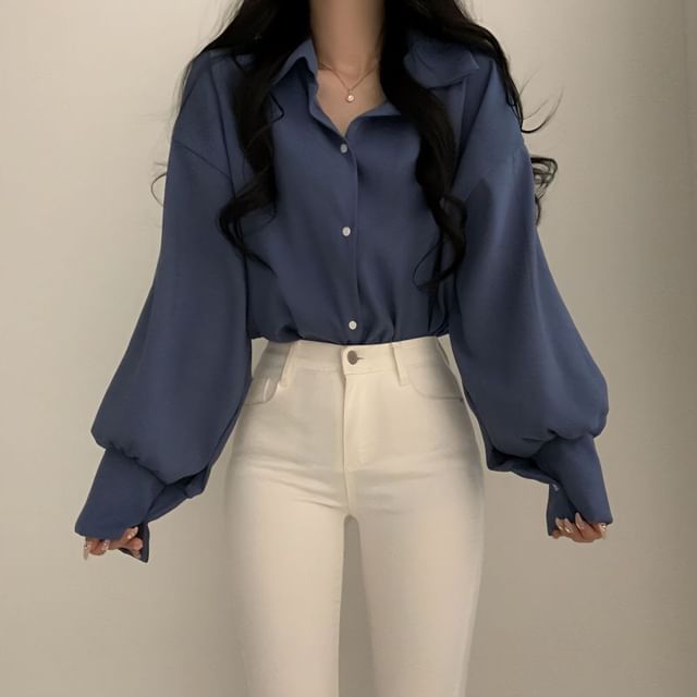 Sisyphi-Long Sleeve Collared Plain Shirt