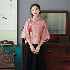 RIMIA - Elbow-Sleeve Tasseled Cheongsam Top / Midi A-Line Skirt