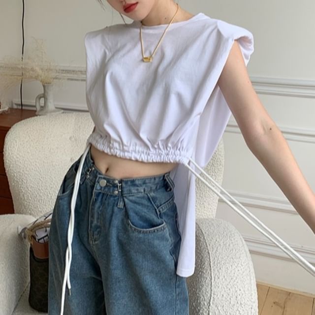 Yako-Sleeveless Plain Drawstring Cropped Blouse
