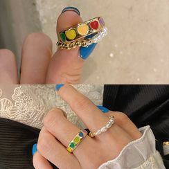 INKGLOW - Set of 2: Alloy Heart Open Ring + Faux Pearl Beaded Ring INKGLOW - Set of 2: Alloy Heart Open Ring + Faux Pearl Beaded Ring
