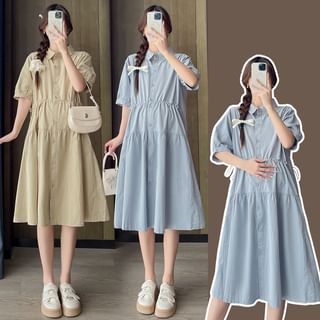 Rosy Street Maternity Short Sleeve Collared Plain Panel Button Midi A-Line Dress Sale