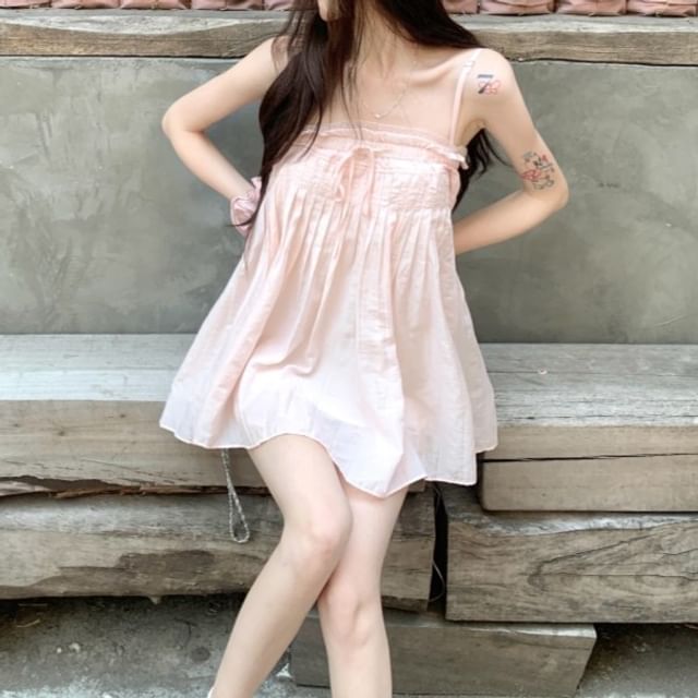 Metonymph-Spaghetti Strap Plain Ruffle Mini Sundress