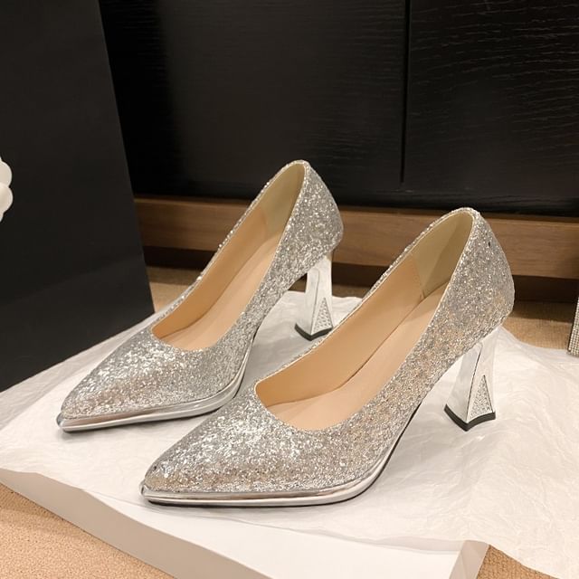 Asterisk-Stiletto Heel Pointed Toe Sequin Pumps