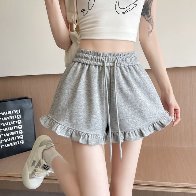 Magimomo-Drawstring Waist Ruffle Trim Sweat Shorts