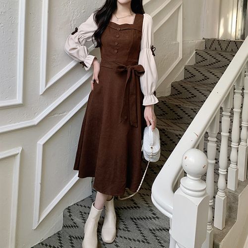 Puff-Sleeve Square Neck Two Tone Bow Midi A-Line Dress