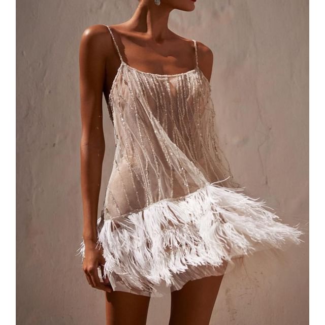 Lexama-Spaghetti Strap Sequin Frayed Mini Dress