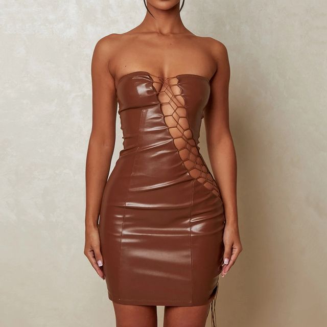 GRAYSI - Strapless Faux Leather Cutout Mini Bodycon Dress | YesStyle
