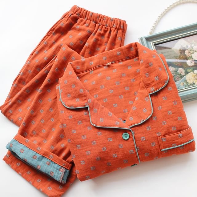 Dogini-Pajama Set Long-Sleeve Dotted Top Pants