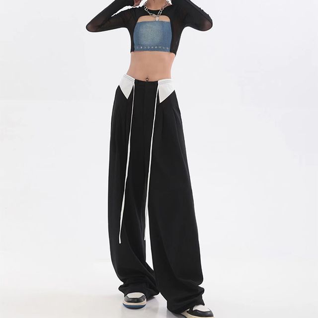 Everose-Drawstring Waist Two-Tone Loose-Fit Suit Pants
