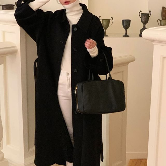 Jesong-Collared Button-Up Plain Long Coat