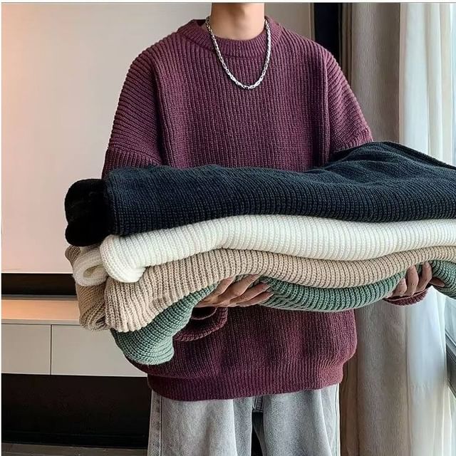 Bay Go Mall-Crew Neck Plain Oversized Sweater