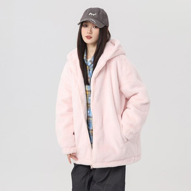 Bay Go Mall-Plain Fluffy Zip Hoodie