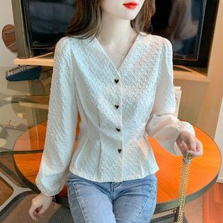 Dragan Pulse - Long-Sleeve V-Neck Heart Button Peplum Blouse 
