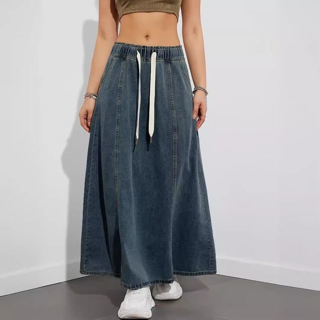 Lewwe-Drawstring Waist Washed Panel Maxi A-Line Denim Skirt