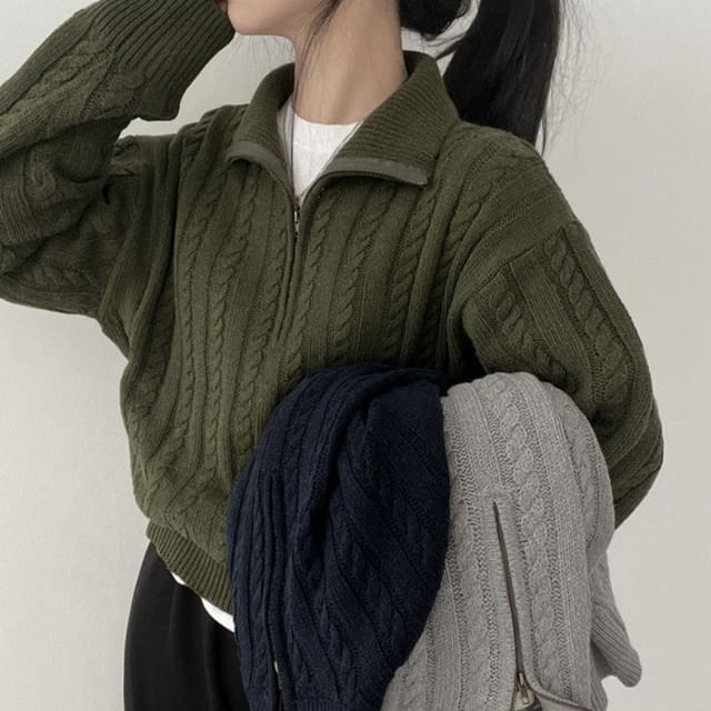 Collar Plain Half-Zip Cable Knit Sweater