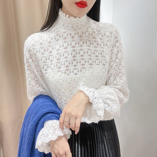 Eveanocia Long-Sleeve Mock Neck Plain Lace Blouse YesStyle