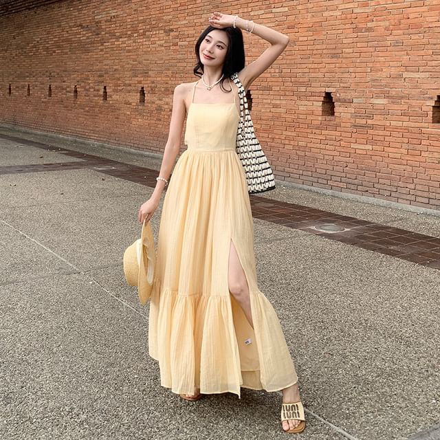 Faiar-Spaghetti Strap Slit Hem Plain Maxi A-Line Dress