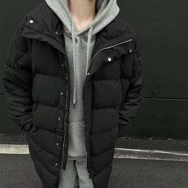 Orungeetun-Stand Collar Plain Puffer Long Coat
