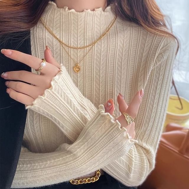 PINPI-Long-Sleeve Mock Neck Plain Knit Top