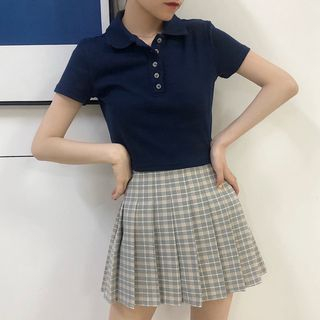 HUMM Short-Sleeve Cropped Polo Shirt / Plaid Pleated Mini Skirt | YesStyle