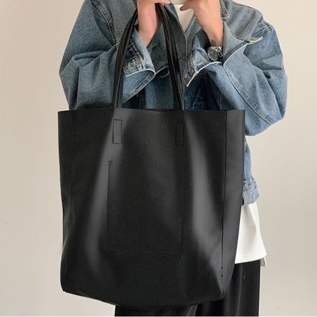 Drawouf-Plain Faux Leather Tote Bag