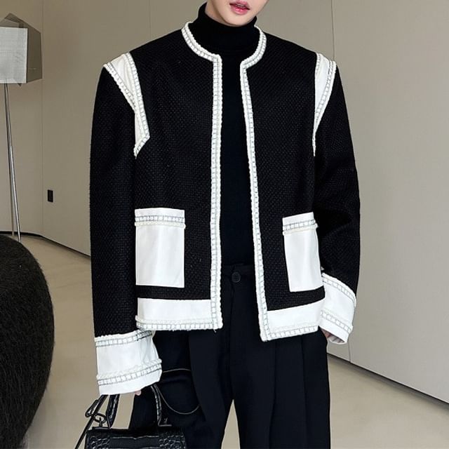 Omozando-Round Neck Contrast Trim Tweed Jacket
