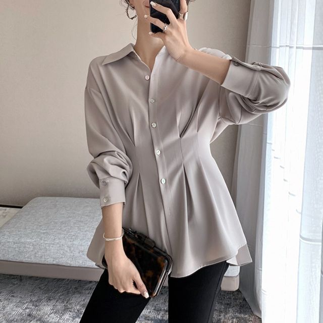 Lewwe-Collared Plain Ruched Shirt