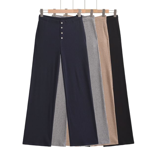 Asiris-Mid Rise Plain Knit Wide Leg Pants