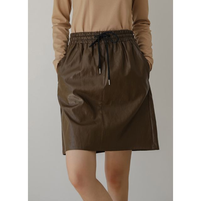 Styleonme Drawstring Faux-Leather Skirt YesStyle