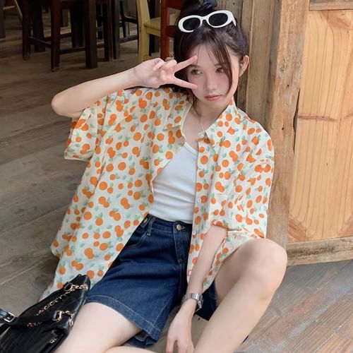 yuchic - Short-Sleeve Orange Print Oversized Shirt