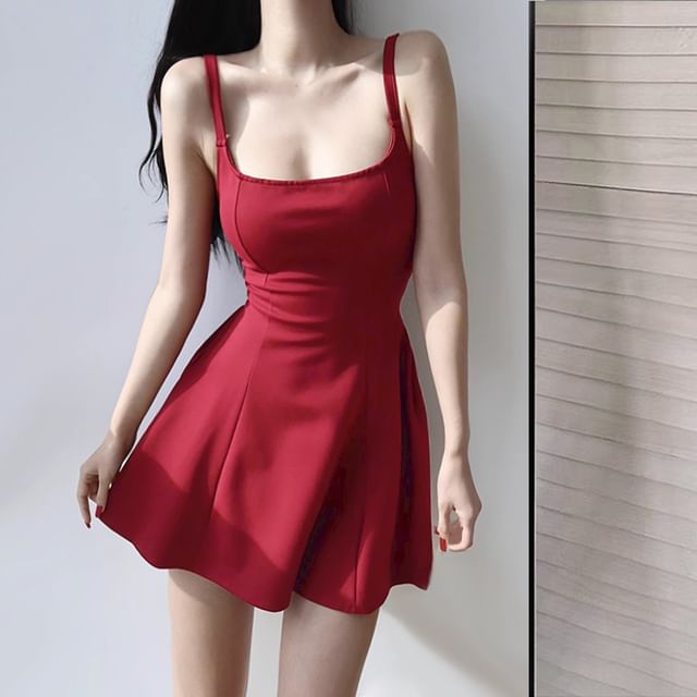 Allinya-Sleeveless Square Neck Plain Mini A-Line Dress