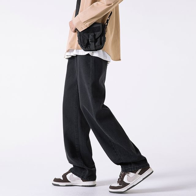 Posive-Mid Rise Washed Straight Leg Jeans