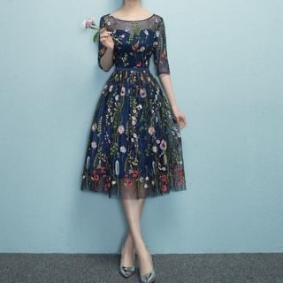 Search engine optimization Raise yourself Bone Rosita - Elbow-Sleeve Boat Neck Floral Embroidery Cocktail Dress | YesStyle