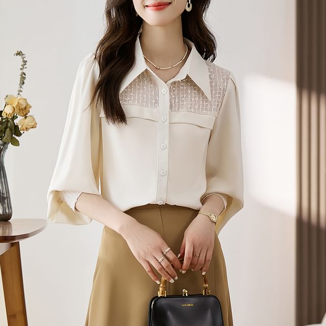 Dragan Pulse-Puff-Sleeve Paneled Button-Up Blouse